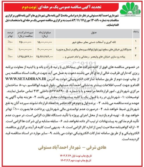 تجدید مناقصه لکه گیری و آسفالت دستی معابر سطح شهر....- نوبت دوم