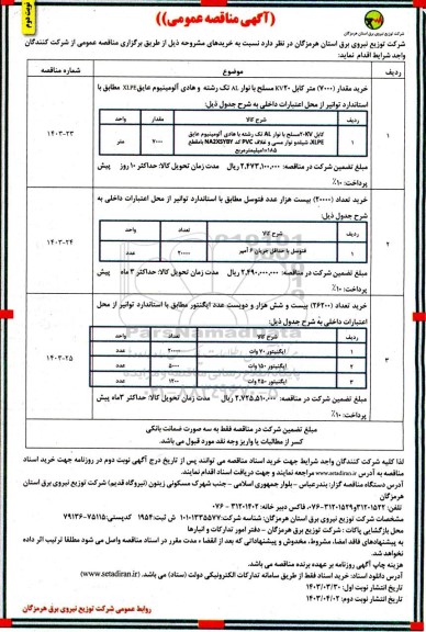 مناقصه خرید مقدار 7000 متر کابل 20KV مسلح با نوار AL... نوبت دوم 