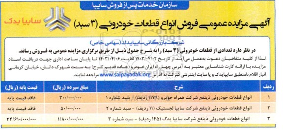 مزایده فروش انواع قطعات خودروئی (3 سبد)