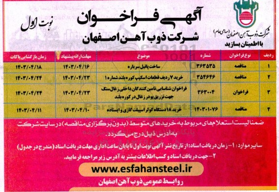 فراخوان ساخت پاتیل سرباره و ...