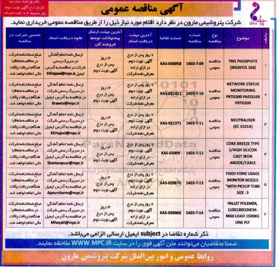 مناقصه TRIS PHOSPHITE (IRGAFOS 168)...- نوبت دوم