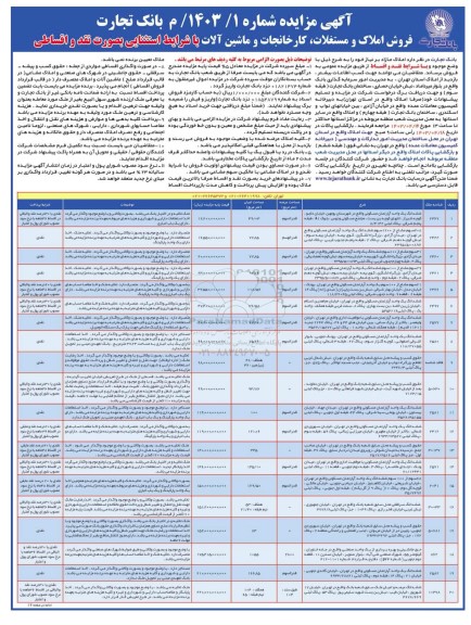 مزایده فروش املاک و مستغلات، کارخانجات و ماشین آلات با شرایط استثنایی