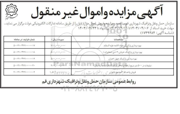 مناقصه و مزایده تبلیغات در ۵۰۰ متر مربع از فضای داخل پارکینگ 