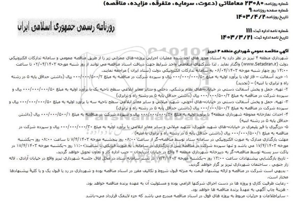 مناقصه تهیه حمل و پخش آسفالت دستی در خیابان....