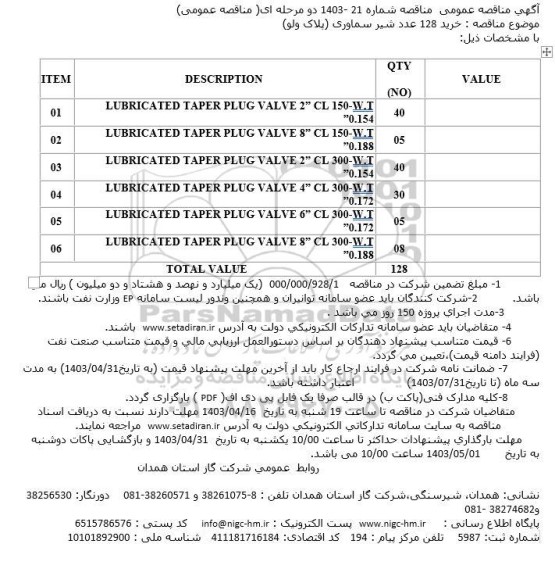 مناقصه خرید 128 عدد شیر سماوری (پلاک ولو)