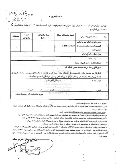 استعلام اجرای تک لبه و کانیواگذاری کوچه های منشعب از خیابان کدیور