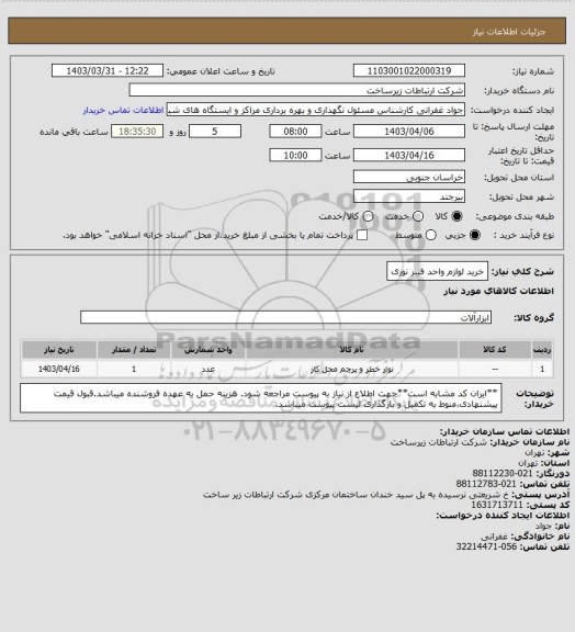 استعلام خرید لوازم واحد فیبر نوری