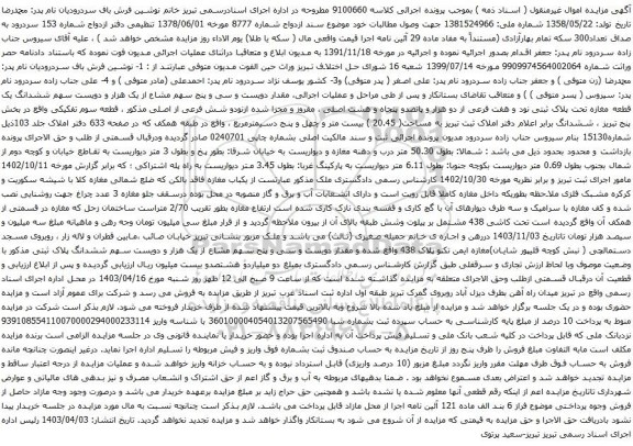 آگهی مزایده  ششدانگ برابر اعلام دفتر املاک ثبت تبریز به مساحت( 20.45 ) بیست متر و چهل و پنج دسیمترمربع