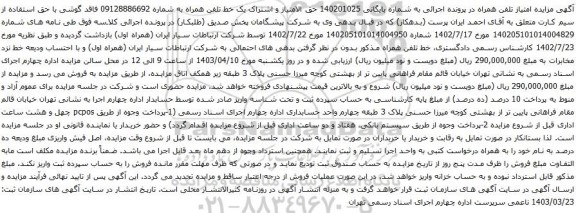 آگهی مزایده حق الامتیاز و اشتراک یک خط تلفن همراه 