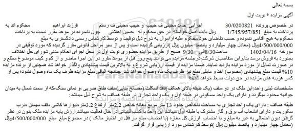 مزایده فروش ملک دارای یک واحد تجاری به مساحت ناخالص حدود 13 متر مربع