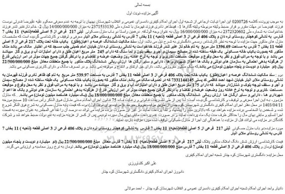 مزایده فروش دو باب منزل مسکونی  ثبتی 217  فرعی از 5 اصلی قطعه(ناحیه)  11