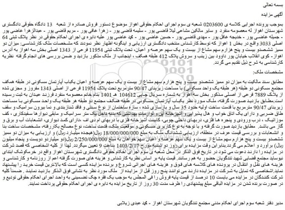 مزایده فروش میزان دو ممیز ششصدو بیست و پنج هزارم سهم مشاع از بیست و یک سهم عرصه و اعیان یکباب آپارتمان مسکونی در طبقه همکف مجتمع مسکونی دو طبقه