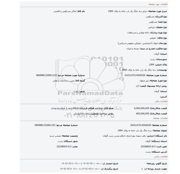 سه دانگ یک باب خانه به پلاک 1954