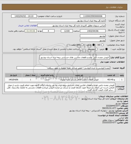 استعلام فروش عمده داغی لوازم و قطعات ماشین های خسارتی بیمه ایران استان بوشهر