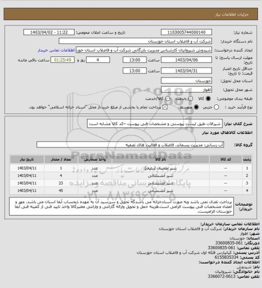 استعلام شیرالات طبق لیست پیوستی و مشخصات فنی پیوست –کد کالا مشابه است