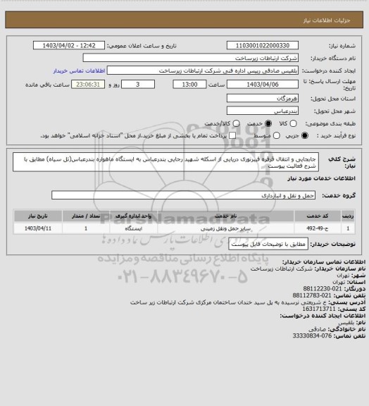استعلام جابجایی و انتقال قرقره فیبرنوری دریایی از اسکله شهید رجایی بندرعباس به ایستگاه ماهواره بندرعباس(تل سیاه) مطابق با شرح فعالیت پیوست