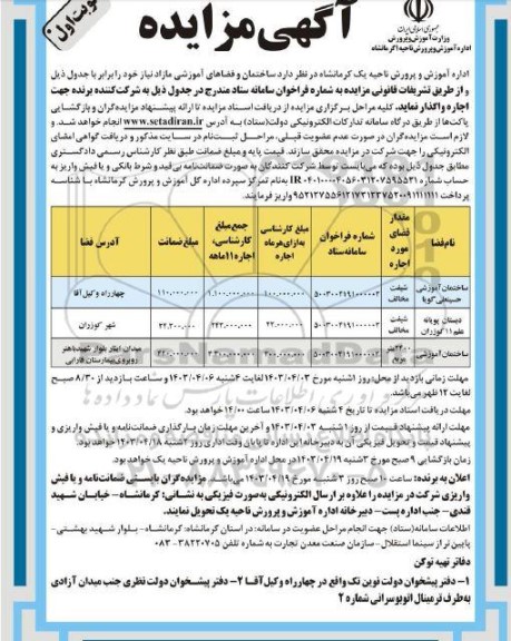 مزایده اجاره واگذاری ساختمان و فضاهای آموزشی مازاد