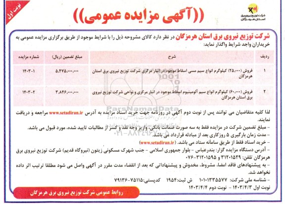 مزایده فروش 25.000 کیلوگرم انواع سیم مسی اسقاط...