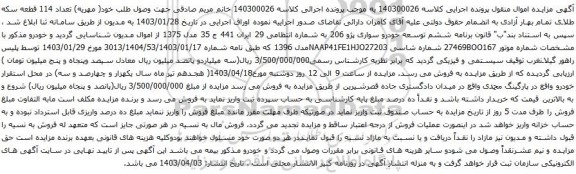 آگهی مزایده خودرو سواری پژو 206