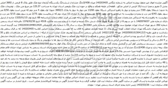 آگهی مزایده ن 5/458دانگ مشاع از ششدانگ یکدستگاه آپارتمان نوع ملک طلق پلاک 8 فرعی از 3692 اصلی بخش 3