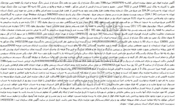 آگهی مزایده میزان7/88 دهم دانگ مشاع از یک ممیز دو دهم دانگ مشاع از شش دانگ عرصه و اعیان یک قطعه زمین نوع ملک طلق با کاربری به پلاک ثبتی 57893 فرعی از 7022 اصلی