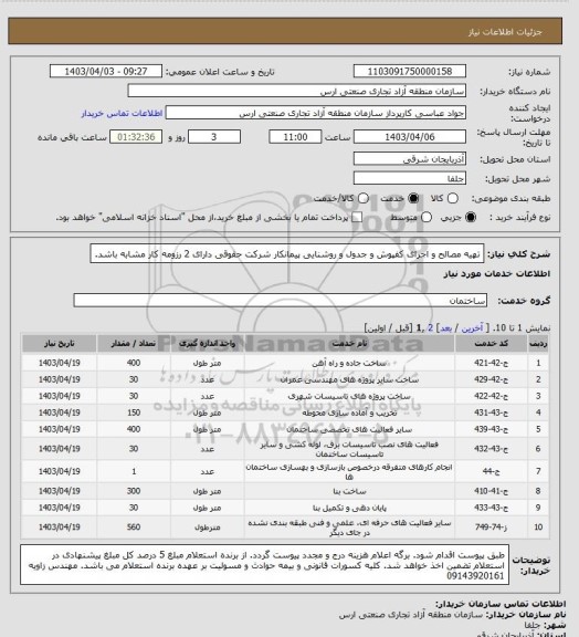 استعلام تهیه مصالح و اجرای کفپوش و جدول و روشنایی پیمانکار شرکت حقوقی دارای 2 رزومه کار مشابه باشد.