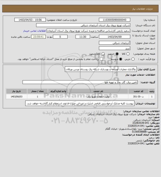 استعلام واگذاری عملیات توسعه و بهسازی شبکه برق روستای وردین ورزقان