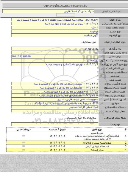 مناقصه, ۱۲۴۶۸ متر رینگ خط تغذیه فاز اول شرق شهر شیراز ۱۴۰۳/۰۸