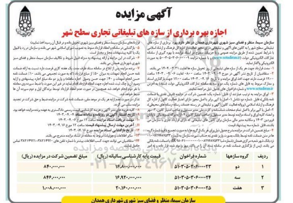 مزایده اجازه بهره برداری از سازه های تبلیغاتی تجاری سطح شهر