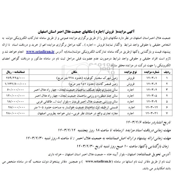 مزایده فروش /اجاره مکانهای جمعیت هلال احمر