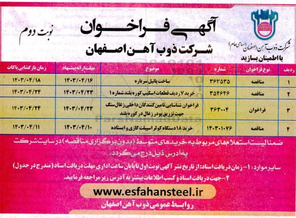 فراخوان ساخت پاتیل سرباره و ...- نوبت دوم 