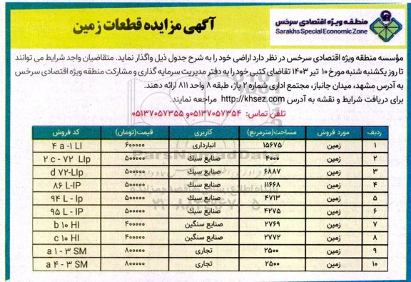 مزایده واگذاری قطعات زمین