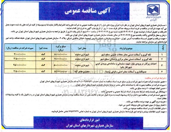 مناقصه لکه گیری و آسفالت دستی معابر محلات جنوبی سطح شهر و ...
