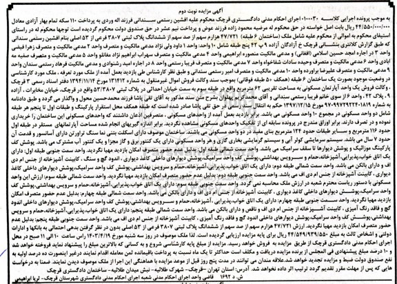 مزایده فروش ساختمان 6 طبقه مساحت طبقات 116 و 124 مترمربع