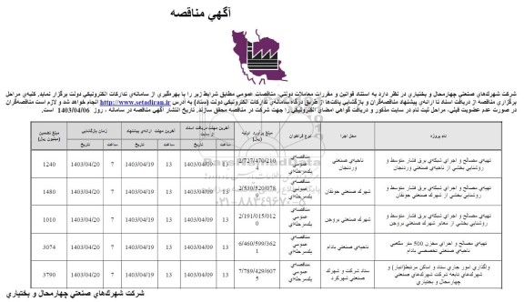 مناقصه  تهیه ی مصالح و اجرای شبکه ی برق فشار متوسط و روشنایی بخشی از ناحیه ی صنعتی...