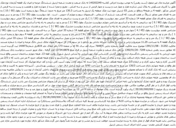 آگهی مزایده  ششدانگ عرصه و اعیان یک قطعه آپارتمان نوع ملک طلق با کاربری مسکونی