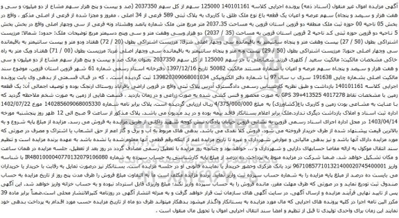 آگهی مزایده 125000 سهم از کل سهم 2037350 (صد و بیست و پنج هزار سهم مشاع از دو میلیون و سی و هفت هزار و سیصد و پنجاه)