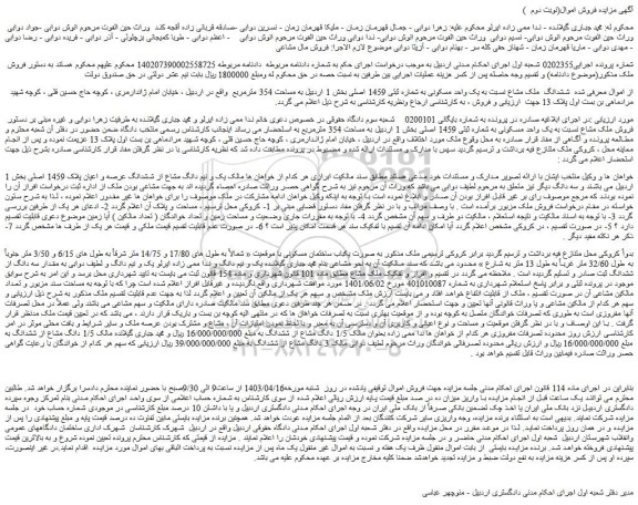 مزایده فروش ششدانگ  ملک مشاع نسبت به یک واحد مسکونی به شماره ثبتی 1459 اصلی