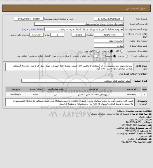 استعلام پیمانکارجهت حمل،پخش واجرای آسفالت با ماشن الات فنیشر،غلطک،تانکر قیرپاش جهت حمل قیراز محل کارخانه آسفالت وپخش درمحل مبلغ به تناز اعلام گردد