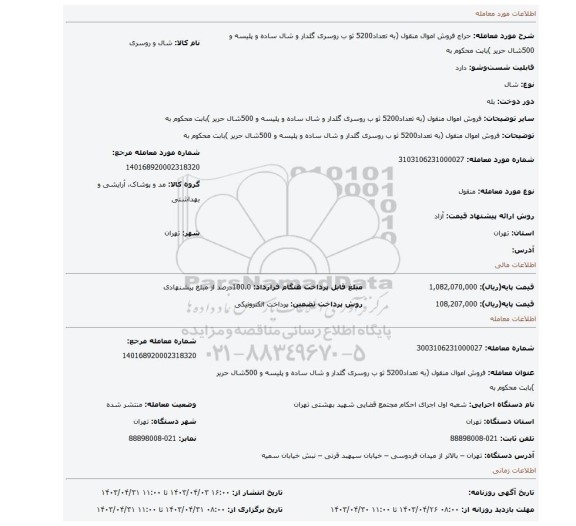 فروش اموال منقول (به تعداد5200 ثو ب روسری گلدار  و شال ساده و پلیسه  و 500شال حریر )بابت محکوم به