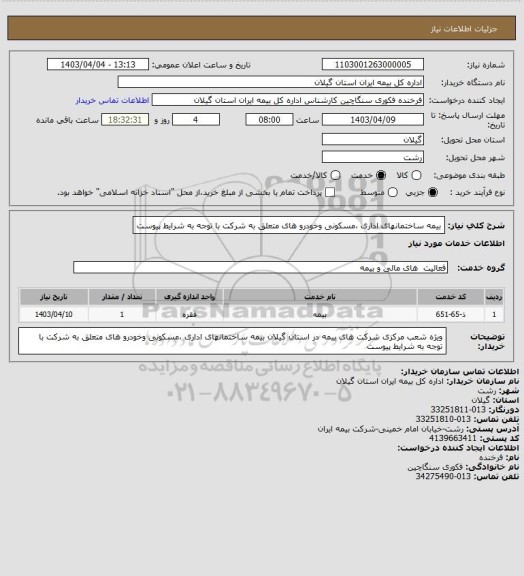 استعلام بیمه ساختمانهای اداری ،مسکونی وخودرو های متعلق به شرکت با توجه به شرایط پیوست