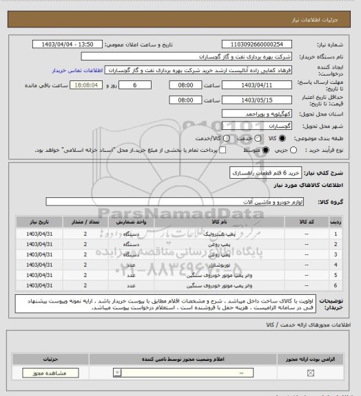 استعلام خرید 6 قلم قطعات راهسازی