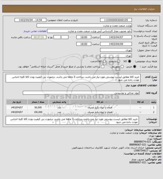 استعلام خرید کالا مطابق لیست پیوستی مورد نیاز می باشد. پرداخت 3 ماهه می باشد. درصورت بی کیفیت بودن کالا کلیه اجناس عودت داده می شود