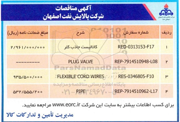 مناقصه کاتالیست جاذب کلر...