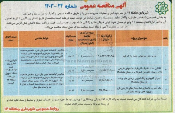 مناقصه نورپرداززی پیرامونی حصار پارک شهر...