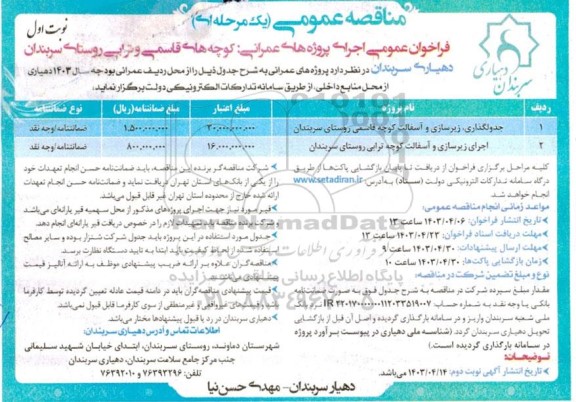 مناقصه جدولگذاری زیرسازی و آسفالت کوچه و ...
