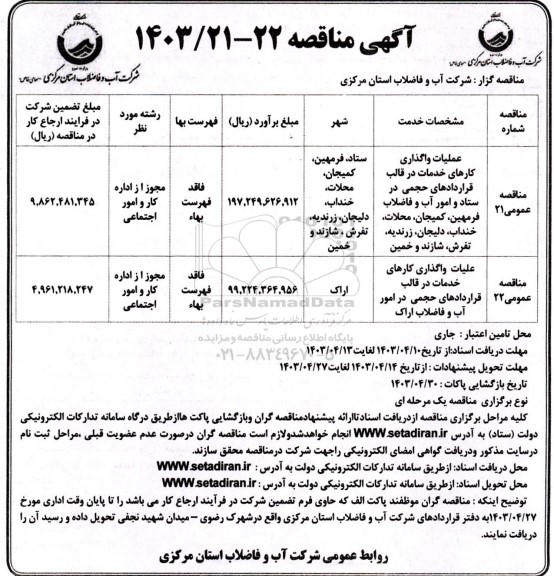 مناقصه عملیات واگذاری کارهای خدمات در قالب قرارداد های حجمی در ستاد ....