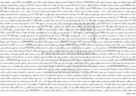آگهی مزایده ششدانگ یک قطعه آپارتمان مسکونی نوع ملک طلق به پلاک ثبتی 68624 فرعی از 126 اصلی