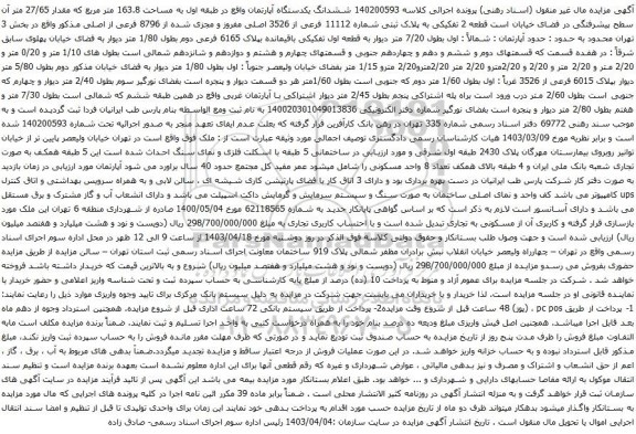 آگهی مزایده ششدانگ یکدستگاه آپارتمان واقع در طبقه اول به مساحت 163.8 متر مربع که مقدار 27/65 متر