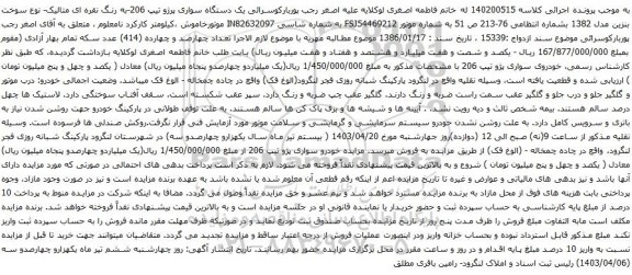 مزایده یک دستگاه سواری پرژو تیپ 206